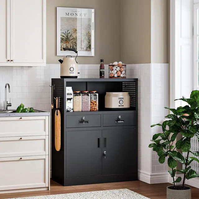 Alt view image 4 of 6 - Storage Cabinet with Drawers, 41.3" Steel Lockable Storage Cabinets with Doors and Side Pegboard, Metal Cabinet for Garage, School, Home Office, Black