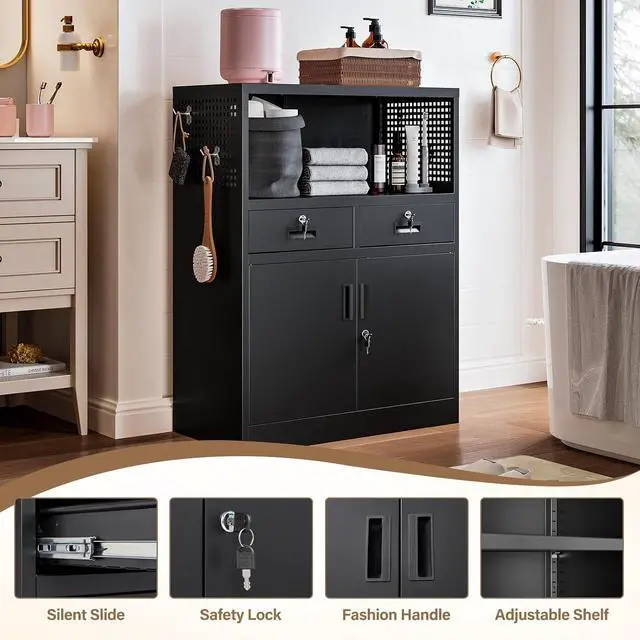 Alt view image 5 of 6 - Storage Cabinet with Drawers, 41.3" Steel Lockable Storage Cabinets with Doors and Side Pegboard, Metal Cabinet for Garage, School, Home Office, Black