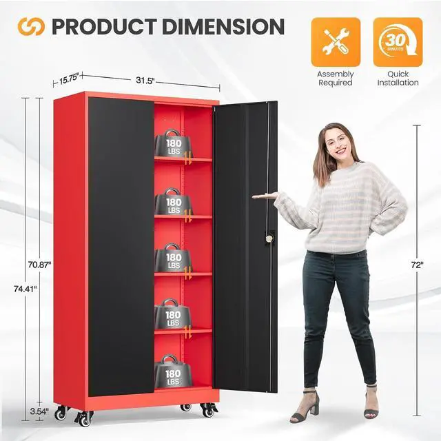 Alt view image 2 of 7 - Garage Cabinet with Wheels and Adjustable Shelves, Metal Garage Storage Cabinets with 2 Doors, Storage Caninet with Lock, Heavy Duty Tool Cabnet for Workshop/Home/Office-(Black Red 75H)