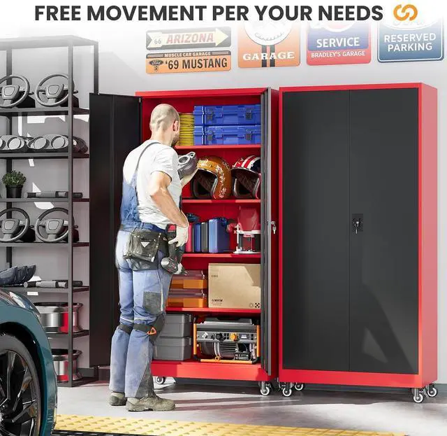 Alt view image 3 of 7 - Garage Cabinet with Wheels and Adjustable Shelves, Metal Garage Storage Cabinets with 2 Doors, Storage Caninet with Lock, Heavy Duty Tool Cabnet for Workshop/Home/Office-(Black Red 75H)