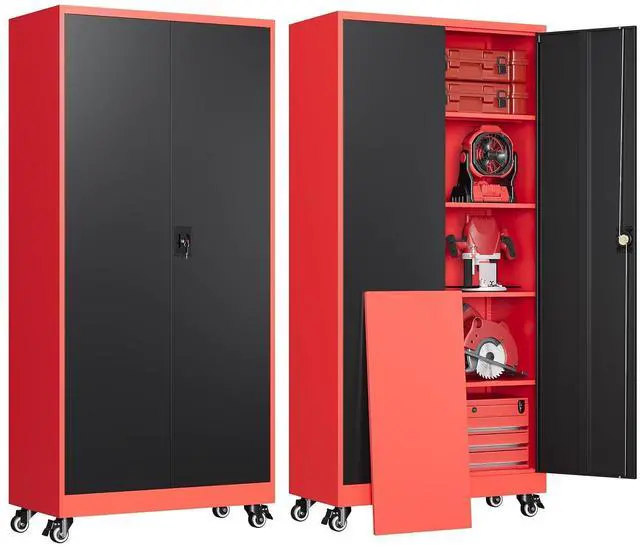 Main image of Garage Cabinet with Wheels and Adjustable Shelves, Metal Garage Storage Cabinets with 2 Doors, Storage Caninet with Lock, Heavy Duty Tool Cabnet for Workshop/Home/Office-(Black Red 75H)