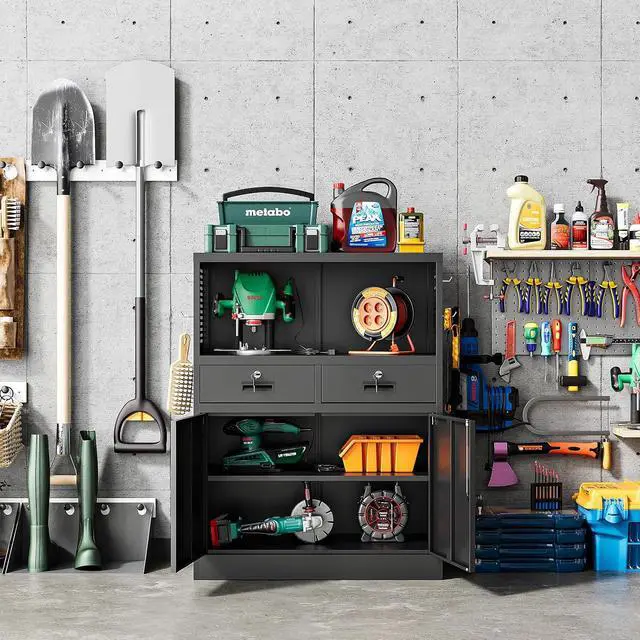 Alt view image 6 of 6 - Storage Cabinet with Drawers, 41.3" Steel Lockable Storage Cabinets with Doors and Side Pegboard, Metal Cabinet for Garage, School, Home Office, Black