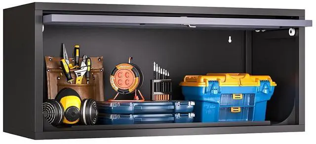 Main image of Metal Wall Storage Cabinet, Wall-Mounted Garage Cabinet with Up-Flip Doors, Steel Small Floating Cabinets with Lock for Garage, Bathroom, Kitchen, Black and Grey