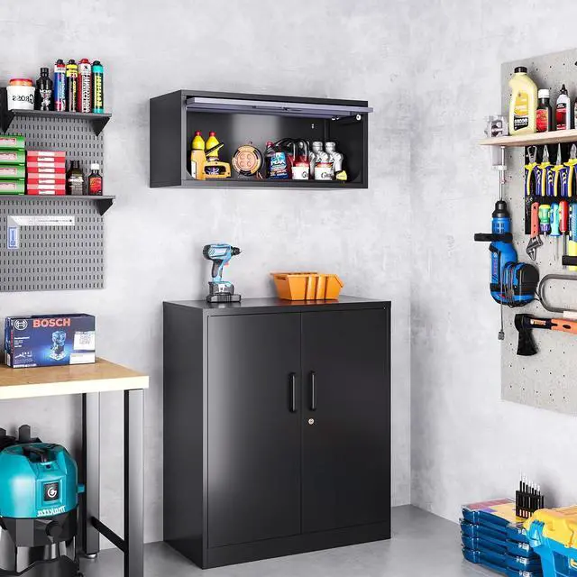 Alt view image 2 of 6 - Metal Wall Storage Cabinet, Wall-Mounted Garage Cabinet with Up-Flip Doors, Steel Small Floating Cabinets with Lock for Garage, Bathroom, Kitchen, Black and Grey