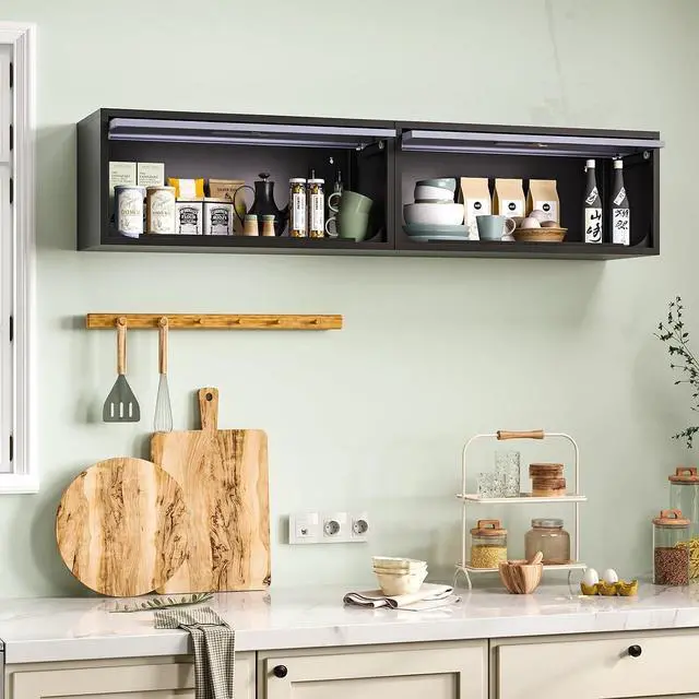 Alt view image 6 of 6 - Metal Wall Storage Cabinet, Wall-Mounted Garage Cabinet with Up-Flip Doors, Steel Small Floating Cabinets with Lock for Garage, Bathroom, Kitchen, Black and Grey