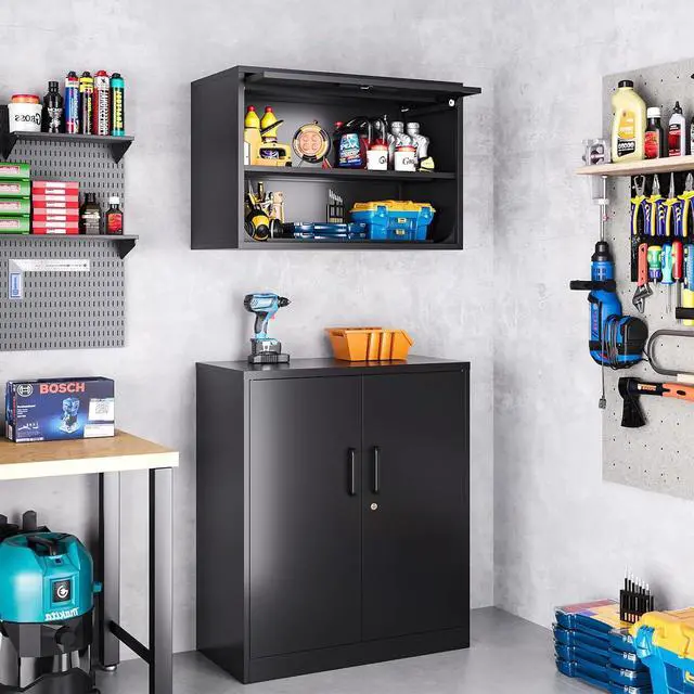 Alt view image 2 of 6 - Metal Storage Cabinet, Wall-Mounted Storage Cabinets with Up-Flip Doors, Steel Small Floating Garage Cabinet with Lock for HomeKitchen, Black