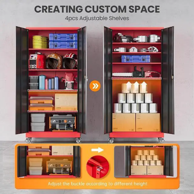 Alt view image 4 of 7 - Garage Cabinet with Wheels and Adjustable Shelves, Metal Garage Storage Cabinets with 2 Doors, Storage Caninet with Lock, Heavy Duty Tool Cabnet for Workshop/Home/Office-(Black Red 75H)