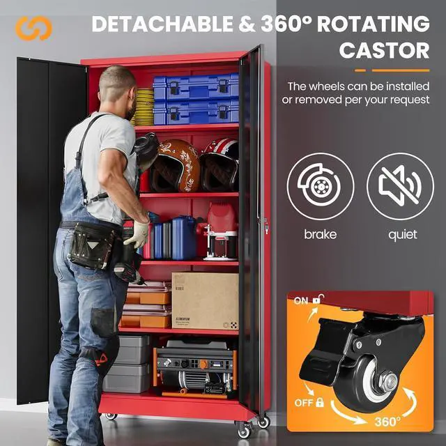 Alt view image 5 of 7 - Garage Cabinet with Wheels and Adjustable Shelves, Metal Garage Storage Cabinets with 2 Doors, Storage Caninet with Lock, Heavy Duty Tool Cabnet for Workshop/Home/Office-(Black Red 75H)