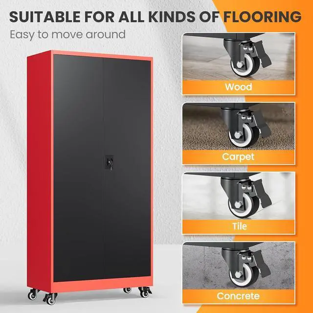 Alt view image 6 of 7 - Garage Cabinet with Wheels and Adjustable Shelves, Metal Garage Storage Cabinets with 2 Doors, Storage Caninet with Lock, Heavy Duty Tool Cabnet for Workshop/Home/Office-(Black Red 75H)