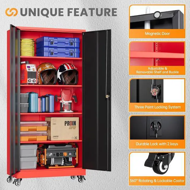 Alt view image 7 of 7 - Garage Cabinet with Wheels and Adjustable Shelves, Metal Garage Storage Cabinets with 2 Doors, Storage Caninet with Lock, Heavy Duty Tool Cabnet for Workshop/Home/Office-(Black Red 75H)