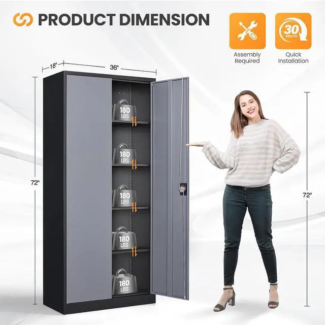 Alt view image 3 of 7 - Metal Garage Storage Cabinets with Lock, 72" Tall Tool Cabinet with 2 Door and 4 Adjustable Shelves, Locking Garage Cabinets and Lockable Steel Locker for Home Office Warehouse-(Black Gray-72H)