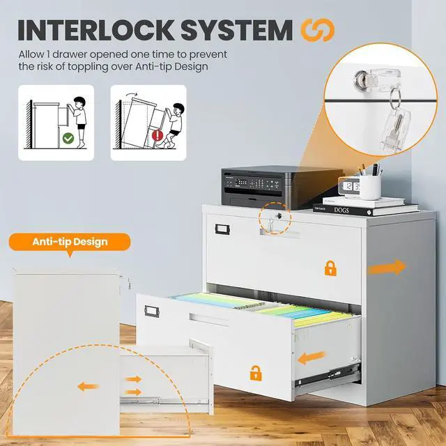 Alt view image 4 of 6 - 2 Drawer File Cabinets for Home Office, Metal Filing Cabinet with Lock, White Locking File Caninet Two Drawer, Office Storage Caninets Steel Cabnet for Letter/Legal/A4/F4-Assembly Required