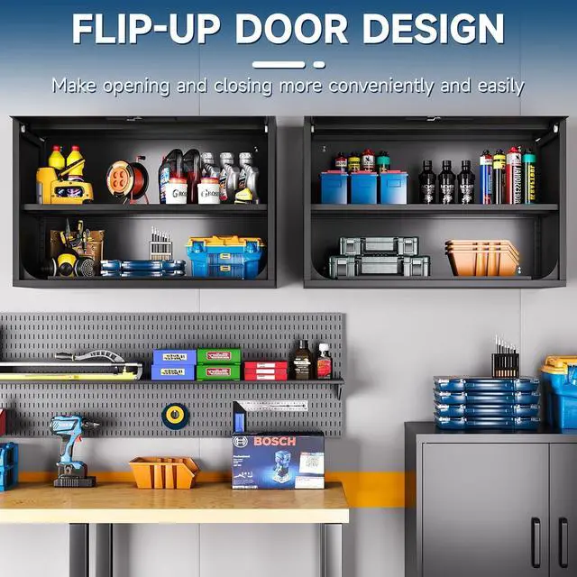 Alt view image 4 of 6 - Metal Storage Cabinet, Wall-Mounted Storage Cabinets with Up-Flip Doors, Steel Small Floating Garage Cabinet with Lock for HomeKitchen, Black