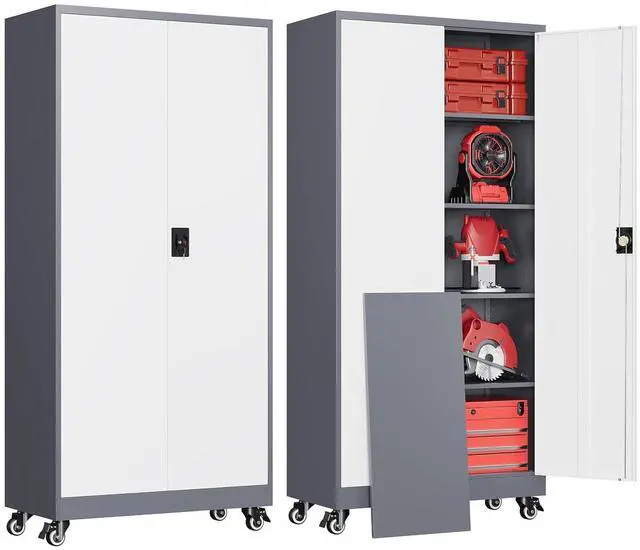 Main image of Garage Cabinet with Wheels and Adjustable Shelves, Metal Garage Storage Cabinets with 2 Doors, Storage Caninet with Lock, Large Tool Cabnet for Workshop/Home/Office-(Gray White 75H)