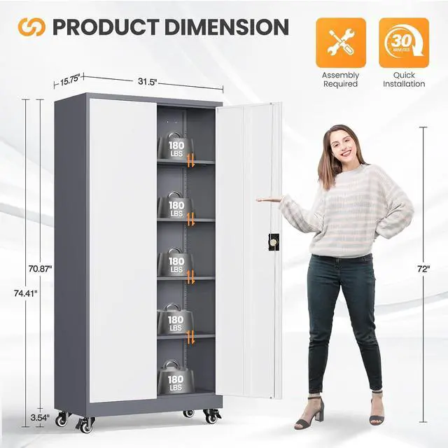 Alt view image 2 of 7 - Garage Cabinet with Wheels and Adjustable Shelves, Metal Garage Storage Cabinets with 2 Doors, Storage Caninet with Lock, Large Tool Cabnet for Workshop/Home/Office-(Gray White 75H)