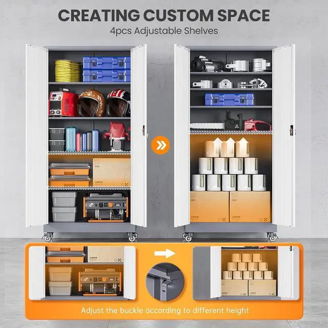Alt view image 4 of 7 - Garage Cabinet with Wheels and Adjustable Shelves, Metal Garage Storage Cabinets with 2 Doors, Storage Caninet with Lock, Large Tool Cabnet for Workshop/Home/Office-(Gray White 75H)