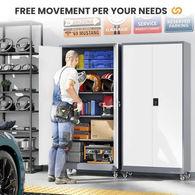 Alt view image 3 of 7 - Garage Cabinet with Wheels and Adjustable Shelves, Metal Garage Storage Cabinets with 2 Doors, Storage Caninet with Lock, Large Tool Cabnet for Workshop/Home/Office-(Gray White 75H)