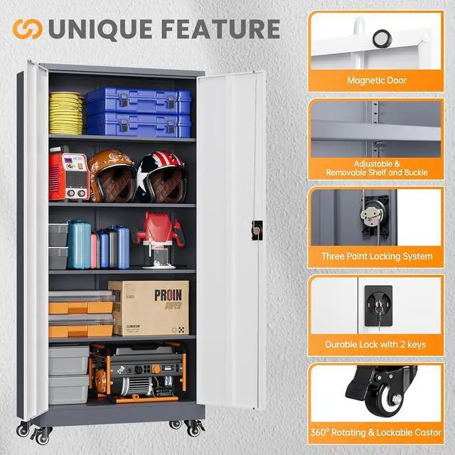 Alt view image 7 of 7 - Garage Cabinet with Wheels and Adjustable Shelves, Metal Garage Storage Cabinets with 2 Doors, Storage Caninet with Lock, Large Tool Cabnet for Workshop/Home/Office-(Gray White 75H)