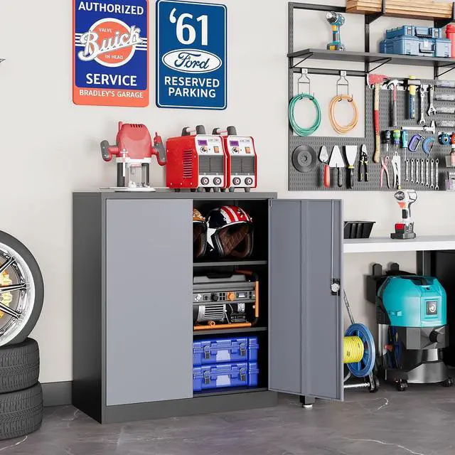 Alt view image 2 of 7 - Metal Garage Storage Cabinets with Lock, 36" Tall Tool Cabinet with 2 Door and 2 Adjustable Shelves, Locking Garage Cabinets and Lockable Steel Locker for Home Office Warehouse-(Black Gray-36H)