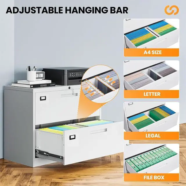 Alt view image 5 of 6 - 2 Drawer File Cabinets for Home Office, Metal Filing Cabinet with Lock, White Locking File Caninet Two Drawer, Office Storage Caninets Steel Cabnet for Letter/Legal/A4/F4-Assembly Required