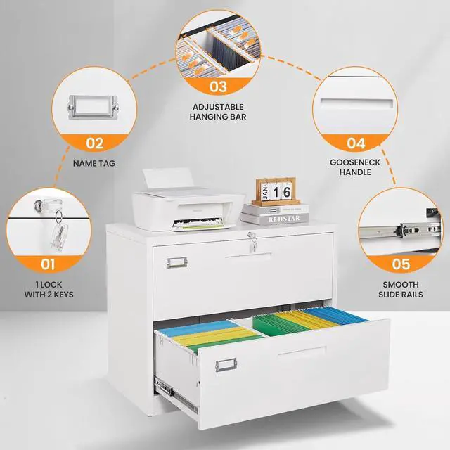 Alt view image 6 of 6 - 2 Drawer File Cabinets for Home Office, Metal Filing Cabinet with Lock, White Locking File Caninet Two Drawer, Office Storage Caninets Steel Cabnet for Letter/Legal/A4/F4-Assembly Required