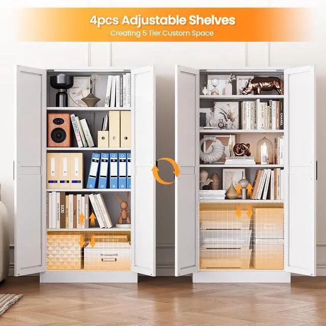 Alt view image 5 of 7 - Metal White Storage Cabinet with 2 Doors and 4 Adjustable Shelve, 61" Tall Kitchen Pantry cabinets, Farmhouse Food Pantry Cabinet,5 Tier Freestanding Barn Door Cupboard for Kitchen Dining/Living Room