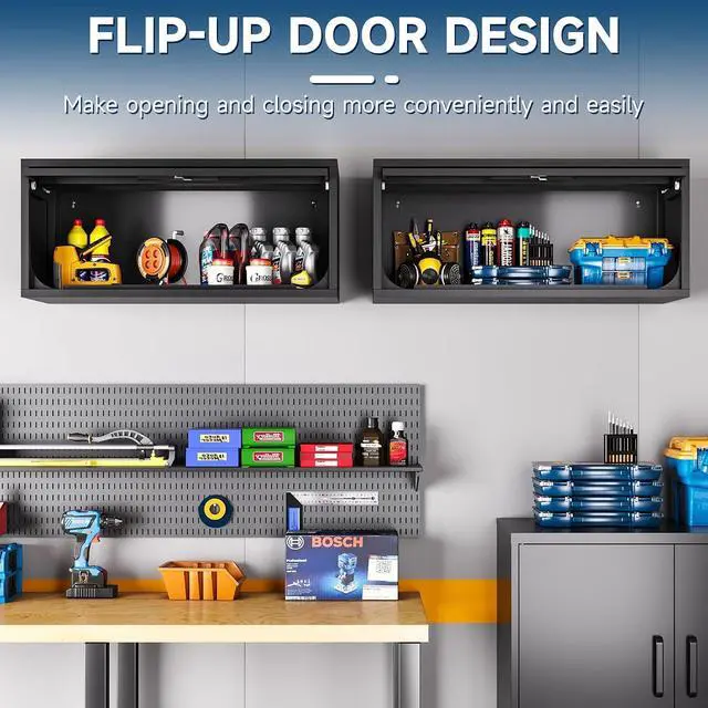 Alt view image 4 of 6 - Metal Storage Cabinet, Wall-Mounted Garage Cabinet with Up-Flip Doors, Steel Small Floating Cabinets with Lock for Garage, Bathroom, Kitchen, Black