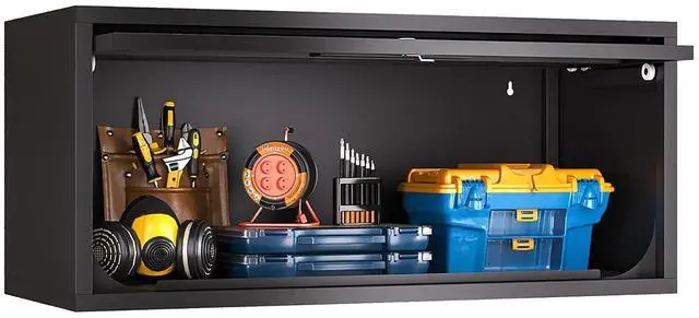Main image of Metal Storage Cabinet, Wall-Mounted Garage Cabinet with Up-Flip Doors, Steel Small Floating Cabinets with Lock for Garage, Bathroom, Kitchen, Black