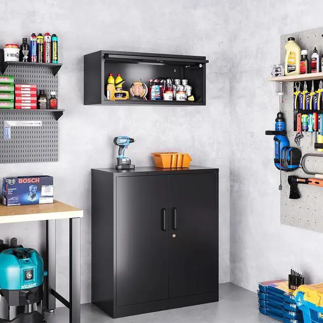 Alt view image 2 of 6 - Metal Storage Cabinet, Wall-Mounted Garage Cabinet with Up-Flip Doors, Steel Small Floating Cabinets with Lock for Garage, Bathroom, Kitchen, Black