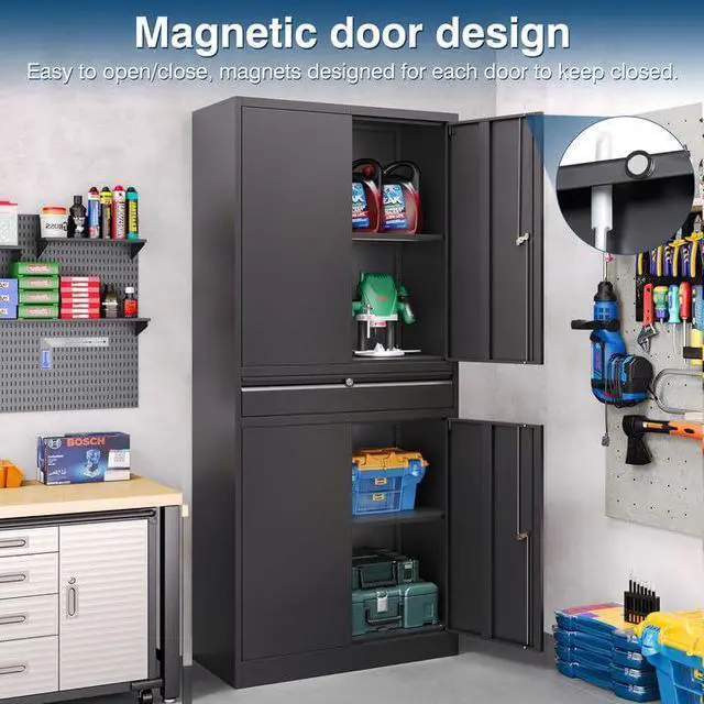 Alt view image 3 of 7 - Black Metal Storage Cabinet with Lock, 71" Tall Garage Storage Cabinets with Doors and Shelves, Lockable Tool Caninet Steel Locking Cabnets File Cabinet for Home Office, Garage, Pantry