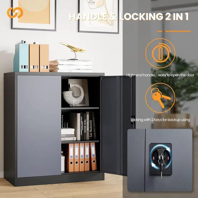 Alt view image 5 of 7 - Metal Garage Storage Cabinets with Lock, 36" Tall Tool Cabinet with 2 Door and 2 Adjustable Shelves, Locking Garage Cabinets and Lockable Steel Locker for Home Office Warehouse-(Black Gray-36H)