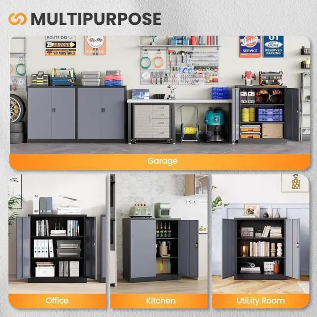 Alt view image 7 of 7 - Metal Garage Storage Cabinets with Lock, 36" Tall Tool Cabinet with 2 Door and 2 Adjustable Shelves, Locking Garage Cabinets and Lockable Steel Locker for Home Office Warehouse-(Black Gray-36H)