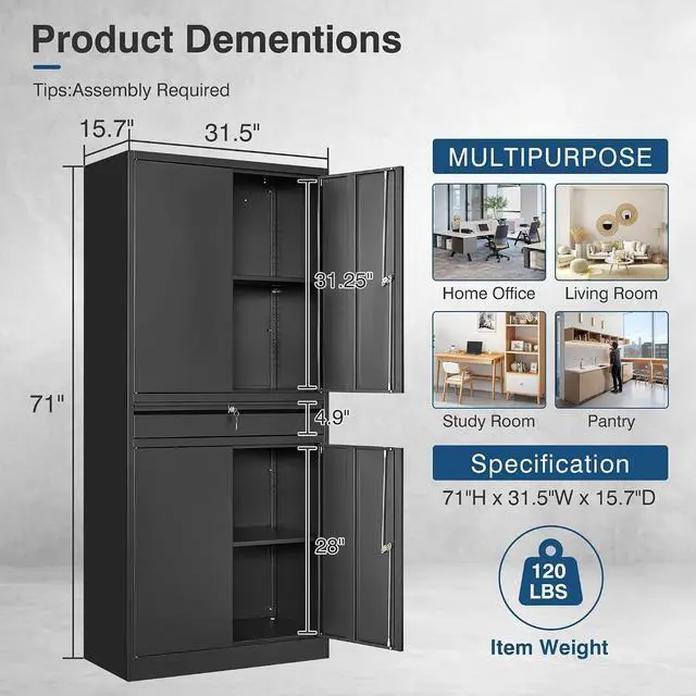 Alt view image 2 of 7 - Black Metal Storage Cabinet with Lock, 71" Tall Garage Storage Cabinets with Doors and Shelves, Lockable Tool Caninet Steel Locking Cabnets File Cabinet for Home Office, Garage, Pantry