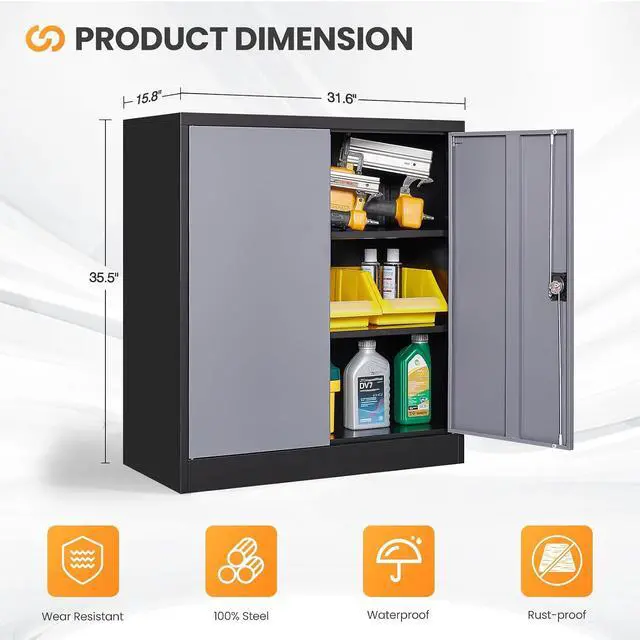 Alt view image 3 of 7 - Metal Garage Storage Cabinets with Lock, 36" Tall Tool Cabinet with 2 Door and 2 Adjustable Shelves, Locking Garage Cabinets and Lockable Steel Locker for Home Office Warehouse-(Black Gray-36H)
