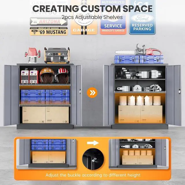 Alt view image 4 of 7 - Metal Garage Storage Cabinets with Lock, 36" Tall Tool Cabinet with 2 Door and 2 Adjustable Shelves, Locking Garage Cabinets and Lockable Steel Locker for Home Office Warehouse-(Black Gray-36H)