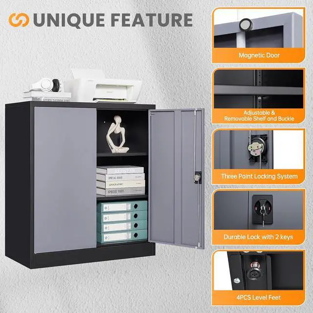 Alt view image 6 of 7 - Metal Garage Storage Cabinets with Lock, 36" Tall Tool Cabinet with 2 Door and 2 Adjustable Shelves, Locking Garage Cabinets and Lockable Steel Locker for Home Office Warehouse-(Black Gray-36H)
