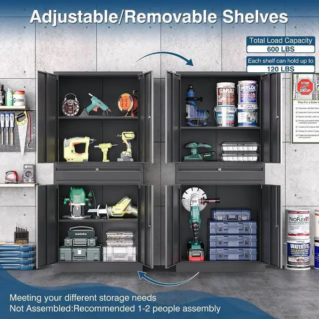 Alt view image 4 of 7 - Black Metal Storage Cabinet with Lock, 71" Tall Garage Storage Cabinets with Doors and Shelves, Lockable Tool Caninet Steel Locking Cabnets File Cabinet for Home Office, Garage, Pantry