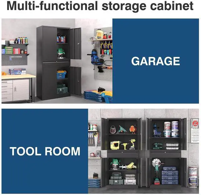 Alt view image 7 of 7 - Black Metal Storage Cabinet with Lock, 71" Tall Garage Storage Cabinets with Doors and Shelves, Lockable Tool Caninet Steel Locking Cabnets File Cabinet for Home Office, Garage, Pantry