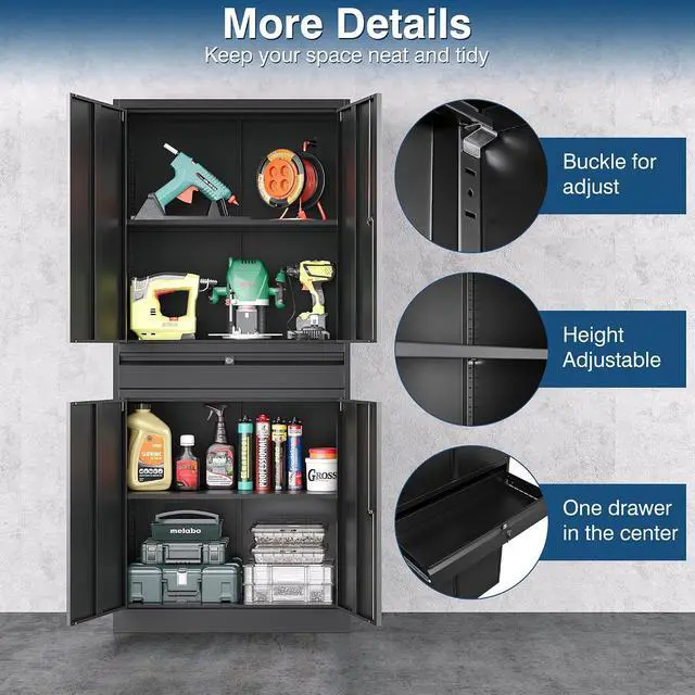 Alt view image 6 of 7 - Black Metal Storage Cabinet with Lock, 71" Tall Garage Storage Cabinets with Doors and Shelves, Lockable Tool Caninet Steel Locking Cabnets File Cabinet for Home Office, Garage, Pantry