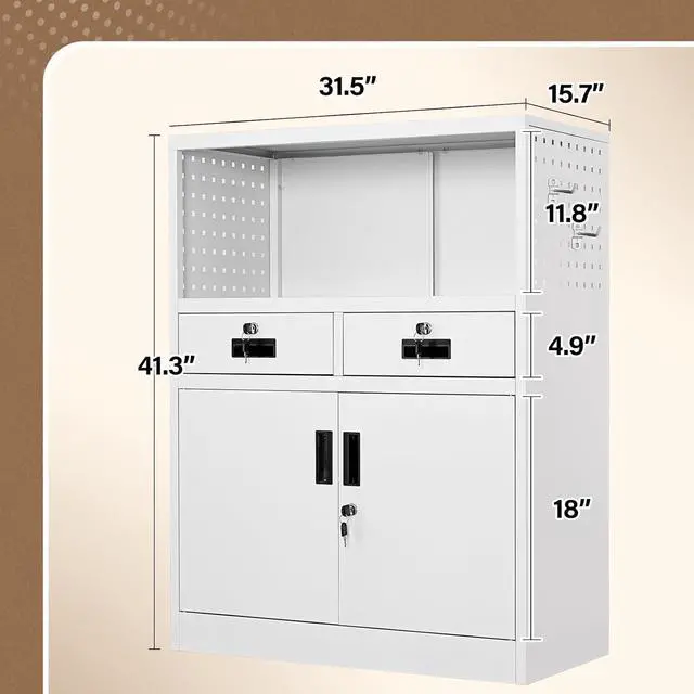 Alt view image 2 of 6 - Storage Cabinet with Drawers, 41.3" Steel Lockable Storage Cabinet with Doors and Side Pegboard, Metal Cabinet for Garage, School, Home Office, White