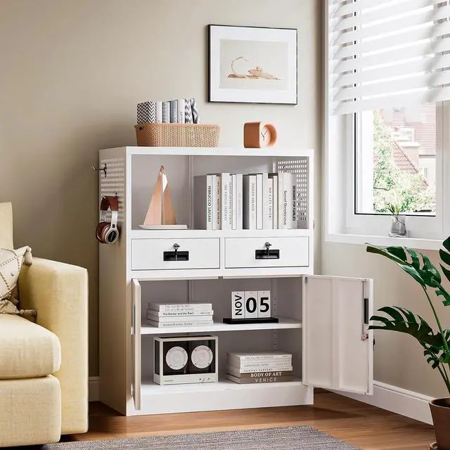 Main image of Storage Cabinet with Drawers, 41.3" Steel Lockable Storage Cabinet with Doors and Side Pegboard, Metal Cabinet for Garage, School, Home Office, White