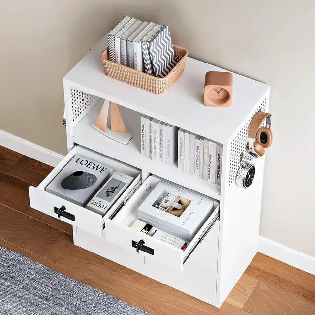 Alt view image 3 of 6 - Storage Cabinet with Drawers, 41.3" Steel Lockable Storage Cabinet with Doors and Side Pegboard, Metal Cabinet for Garage, School, Home Office, White