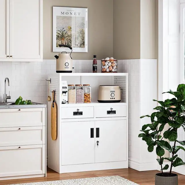 Alt view image 4 of 6 - Storage Cabinet with Drawers, 41.3" Steel Lockable Storage Cabinet with Doors and Side Pegboard, Metal Cabinet for Garage, School, Home Office, White