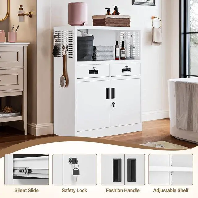 Alt view image 5 of 6 - Storage Cabinet with Drawers, 41.3" Steel Lockable Storage Cabinet with Doors and Side Pegboard, Metal Cabinet for Garage, School, Home Office, White