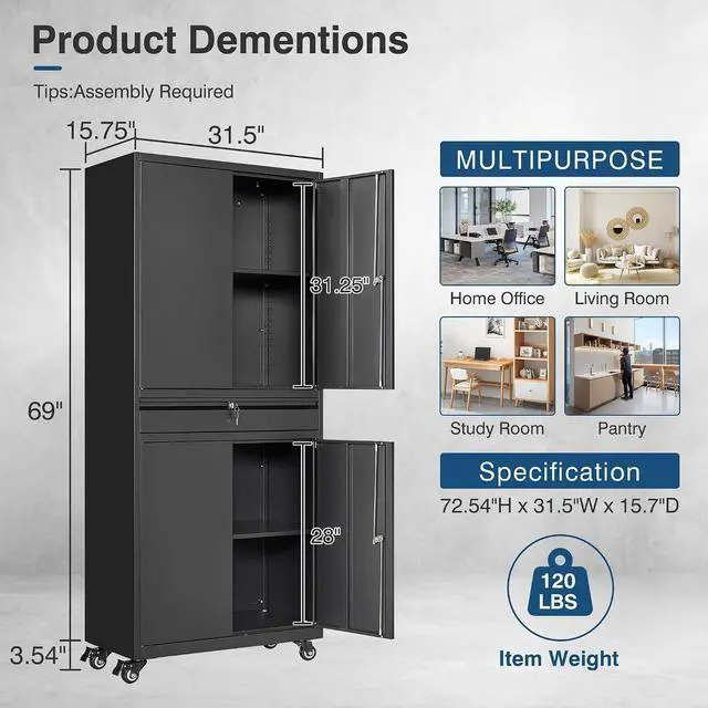 Alt view image 2 of 7 - Black Metal Storage Cabinet with Wheels, 73" Tall Garage Rolling Storage Cabinets with Doors and Shelves, Lockable Tool Caninet Steel Locking Cabnets for Home Office, Garage, Pantry