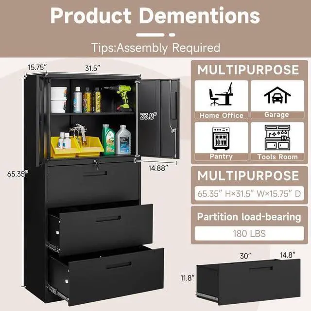 Alt view image 2 of 7 - Metal File Cabinets, Lateral Filing Cabinet with 3 Drawers, 65" H File Caninet for Home Office, Office Storage Caninets with Adjustable Shelves for Letter/Legal / A4 - Assembly Required