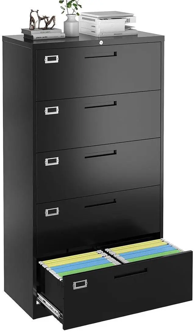 Main image of 5 Drawer Lateral File Cabinet with Lock, Metal Filing Cabinets for Home Office, Wide Locking File Caninets, Black Office Storage Cabnet for Hanging Letter/Legal / A4 / F4 - Assembly Required