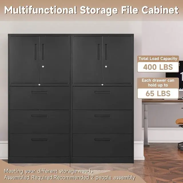 Alt view image 6 of 7 - Metal File Cabinets, Lateral Filing Cabinet with 3 Drawers, 65" H File Caninet for Home Office, Office Storage Caninets with Adjustable Shelves for Letter/Legal / A4 - Assembly Required