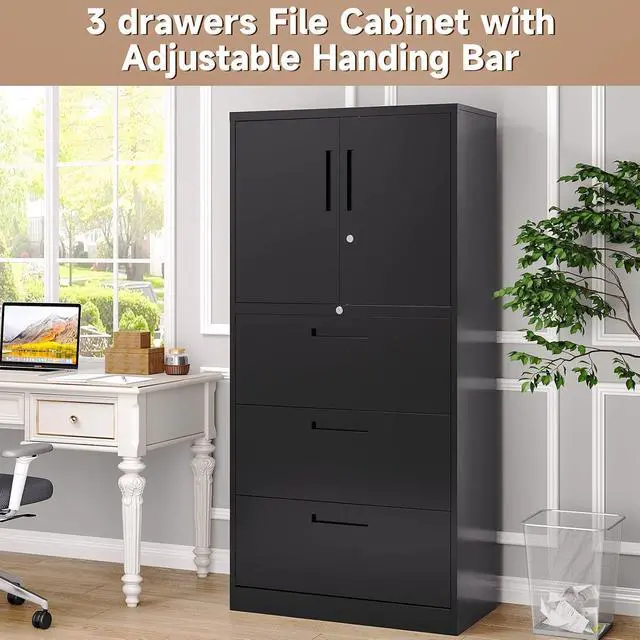 Alt view image 5 of 7 - Metal File Cabinets, Lateral Filing Cabinet with 3 Drawers, 65" H File Caninet for Home Office, Office Storage Caninets with Adjustable Shelves for Letter/Legal / A4 - Assembly Required