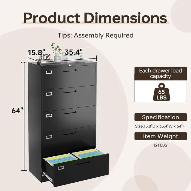 Alt view image 2 of 7 - 5 Drawer Lateral File Cabinet with Lock, Metal Filing Cabinets for Home Office, Wide Locking File Caninets, Black Office Storage Cabnet for Hanging Letter/Legal / A4 / F4 - Assembly Required